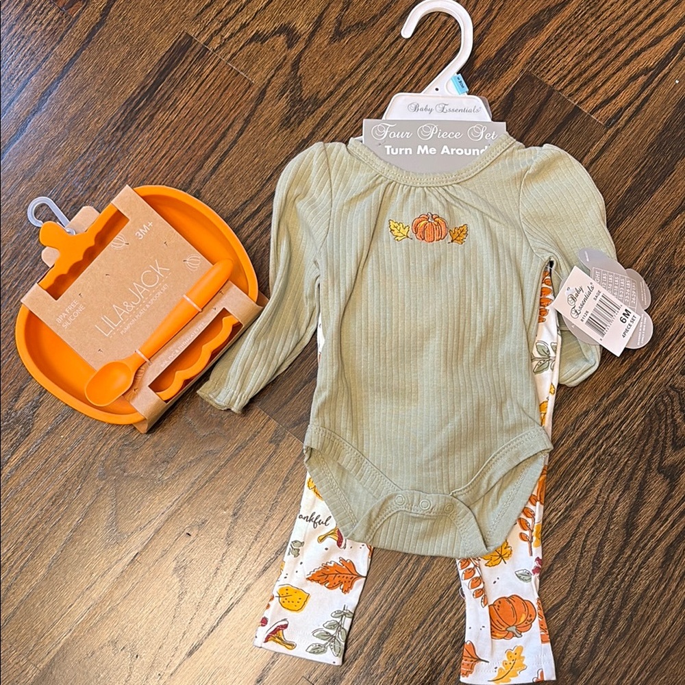 NWT Baby Essentials 6M Fall Outfit Set with Bowl and Spoon